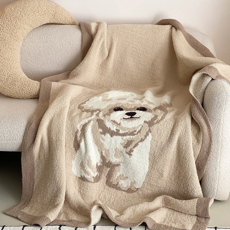 秋冬半边绒萌宠针织卧室沙发毛毯卡通风色织提花午睡休闲毯子白色