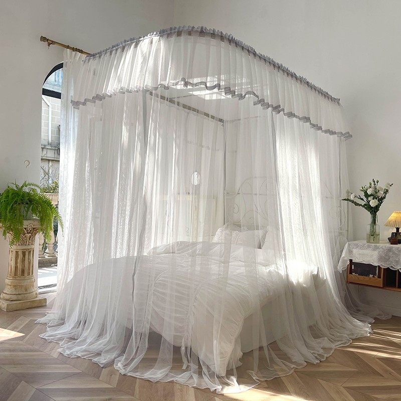 新款高档拉绳导轨蚊帐双人通用白色民宿可升降U型家用铝合金轨道