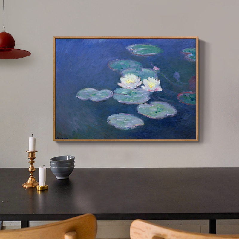 二狗姑娘 莫奈傍晚两朵睡莲 欧式餐桌客厅餐厅挂画装饰画墙壁画框