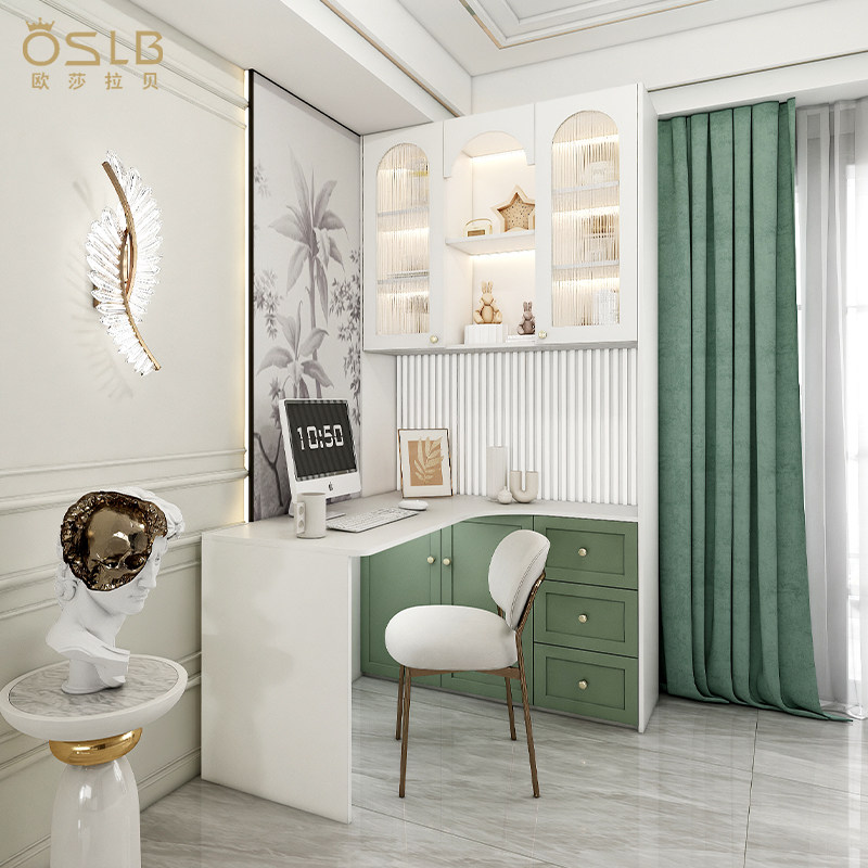 法式实木转角电脑桌书桌书架一体桌简约书柜组合学生家用学习写字