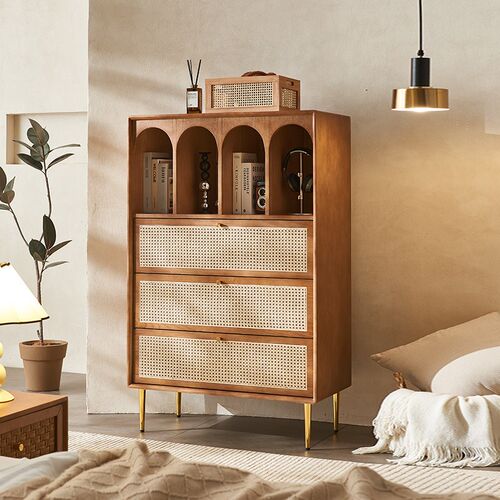 复古实木藤编斗柜中古风储物柜书柜多功能玄关展示柜侘寂风收纳柜
