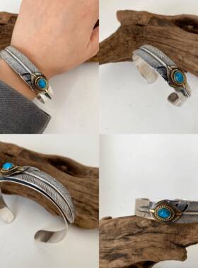 正品手不同银匠高桥纯银羽毛老鹰手松石开口镯个性复古宽绿版情侣