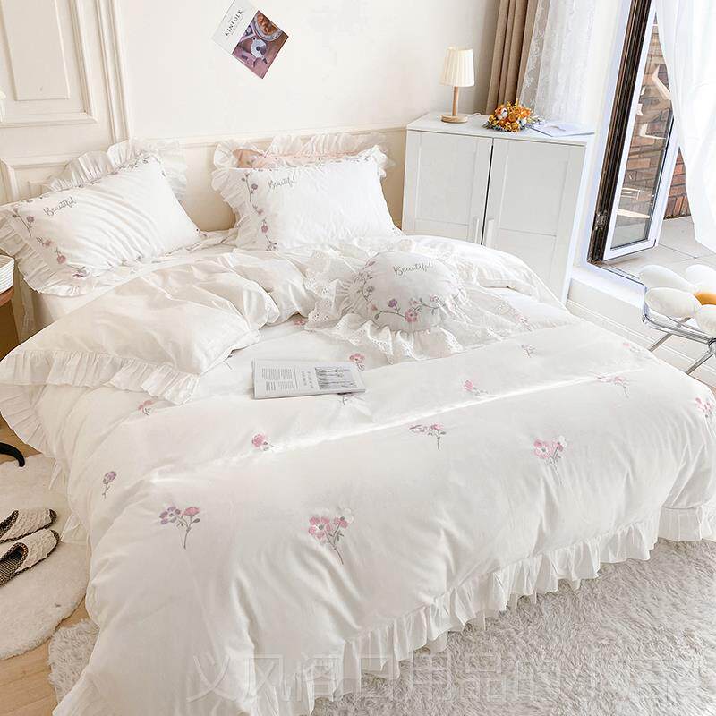 正品韩式纯棉荷上叶边床花边四件套少女心单全被棉刺绣套田园风床