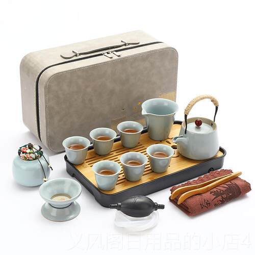 正品家米汝窑旅行功夫茶具套装用户茶外陶黄瓷茶壶盖碗杯茶盘便携