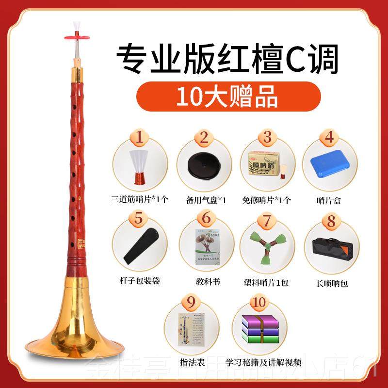 高档王家降彪红檀木唢呐乐初学者D奏调B调全器套专业喇叭大小演型