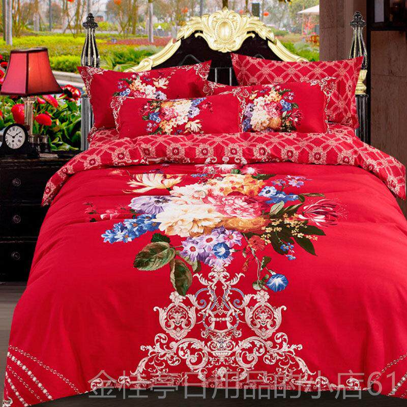 高档3D纯棉婚庆磨毛四大红被套全棉新婚.8m床套上用品床单4件件套