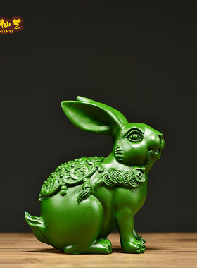 绿色实木雕刻兔子摆件三合十二生肖木头兔家居客厅装饰品新居送礼