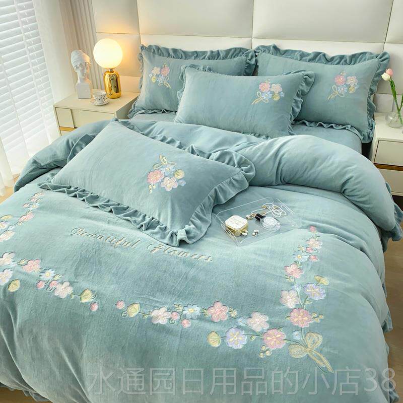 正品024新款刺绒绣厚牛奶四件套冬季双面珊瑚绒法兰绒被套床单2保