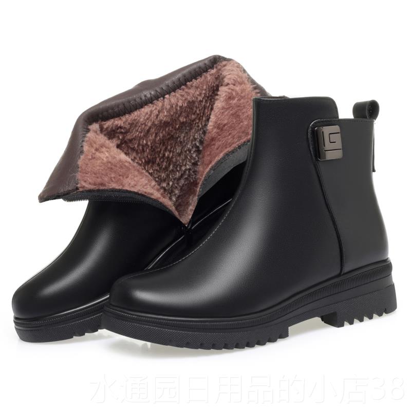 正品中年妈妈棉女士冬加鞋子绒女鞋坡跟防短靴真皮羊毛靴子软底滑