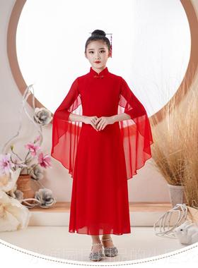 正品超女童中国风古典儿童古演出服仙红色气连衣筝裙舞蹈服质钢琴