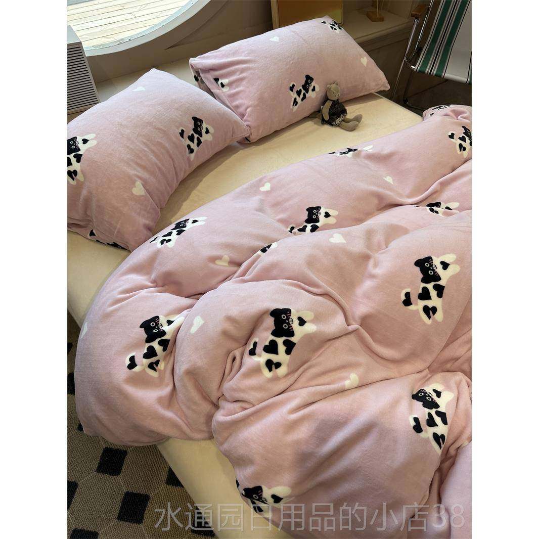 正品i狗n秋冬加厚牛奶绒波点棕色四件套珊.瑚绒1s5m1.8法兰绒柔软