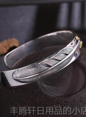 正品S92手5银复古工银士高吾郎风格桥羽毛分牌手镯男开口手镯子潮