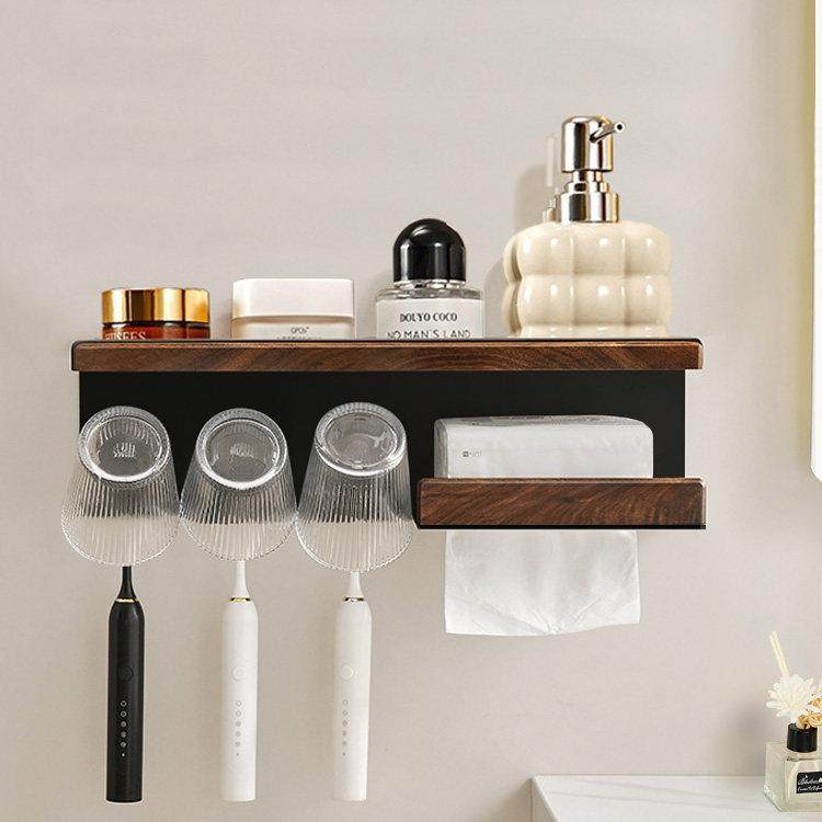 胡桃木牙刷置物架子浴室化妆室壁挂免打孔中古风漱口杯牙膏牙刷架