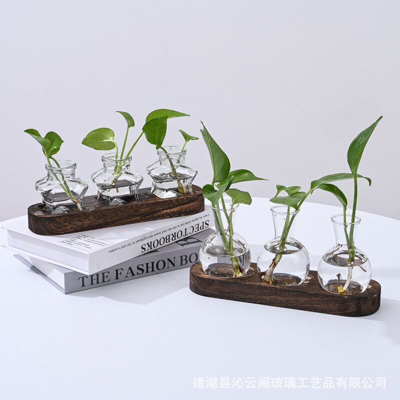 桌面水培玻璃花瓶 水养植物插花玻璃容器 客厅办公室木架水培摆件