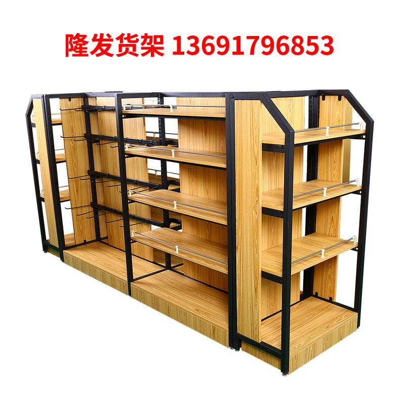 钢木结合货架子超市便利店货柜双面中岛宠物零食店多层结构展示架