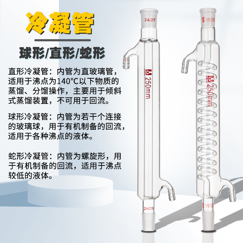 玻璃冷凝管直形球形蛇形标口蒸馏空气回流冷凝管200/3/0/0/00/0/1