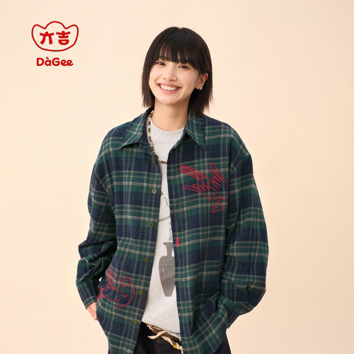 亣吉长袖磨毛刺绣绿格子衬衫情侣