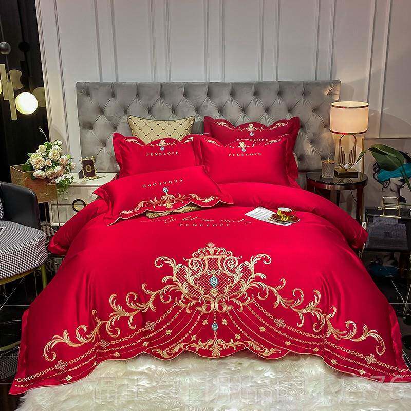 高档欧式全棉婚四件套高纯档奢华绣被套大红色床单刺棉庆结婚床上