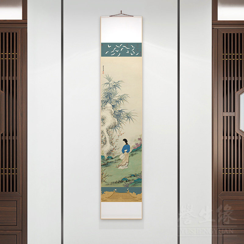仕女图中式卷轴挂画竖版客厅走廊过道装饰画餐厅书房墙壁画瑞鹤图