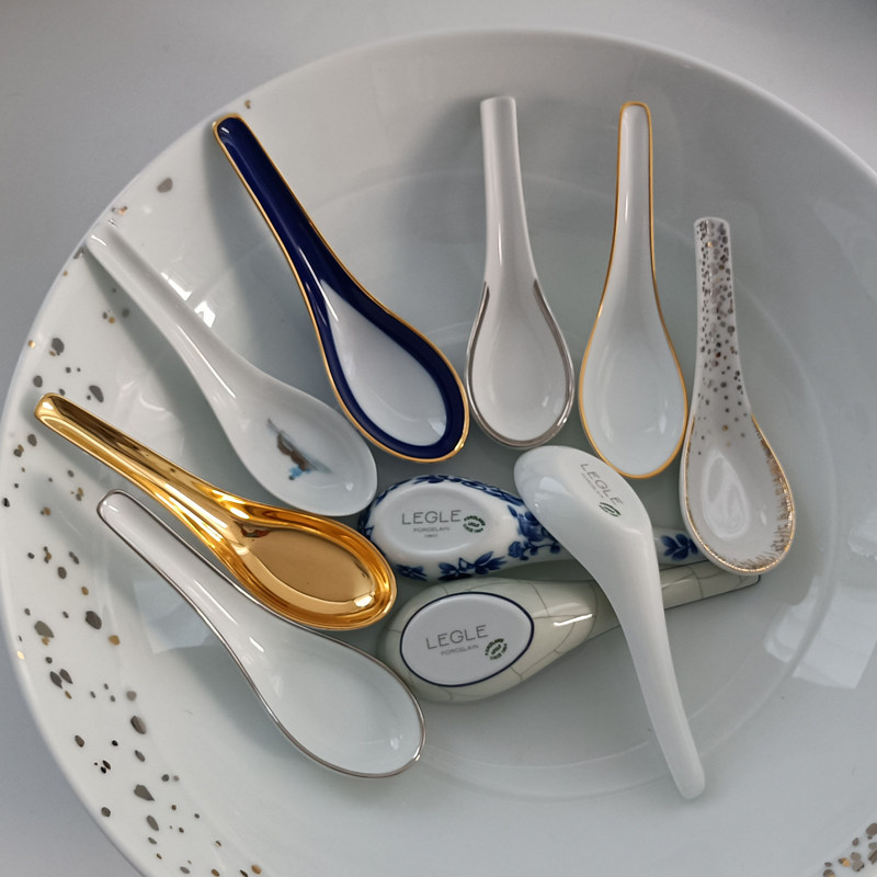 LEGLE 调羹金边进口陶瓷喝汤小饭勺子银边中式手工汤匙家用青花瓷