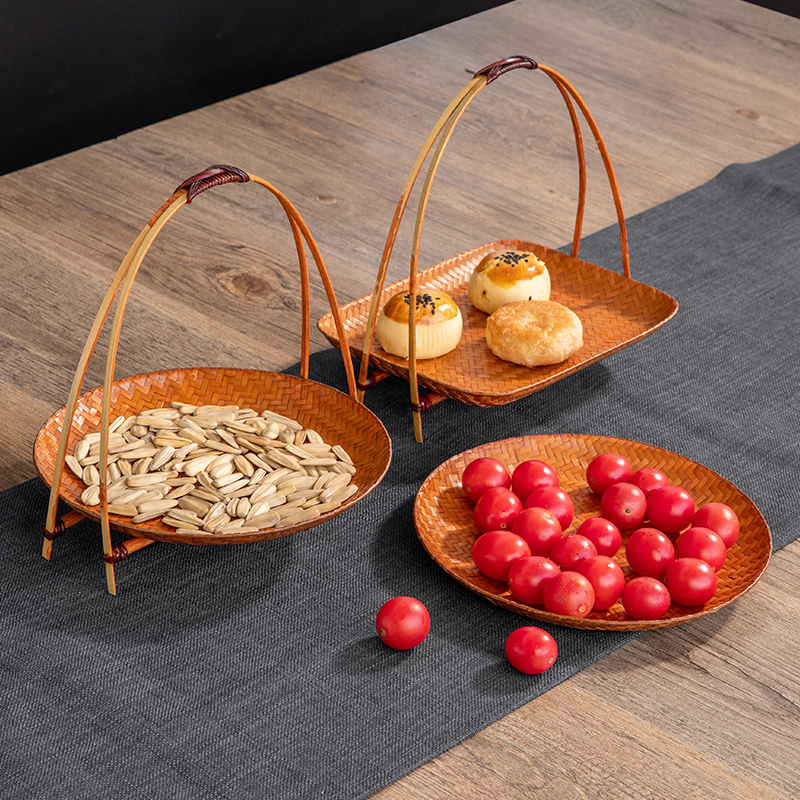 手工竹制小提篮可拆卸竹编带提手点心盘茶点托盘中式复古糕点盘