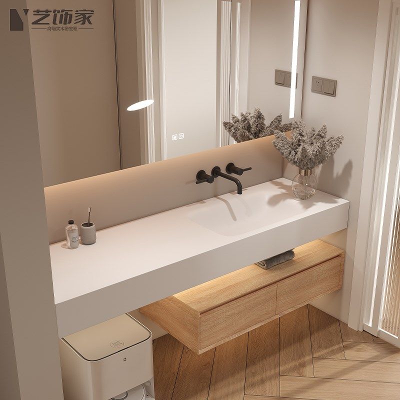 原木色可丽耐一体盆浴室柜岩板镜柜卫生间洗手洗漱台盆柜组合定制