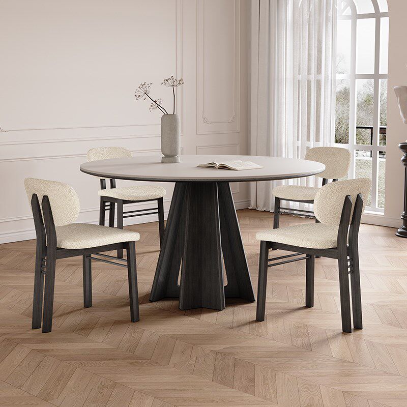 纯白岩板餐桌圆桌现代简约家用小户型法式复古风白蜡木实木圆餐桌