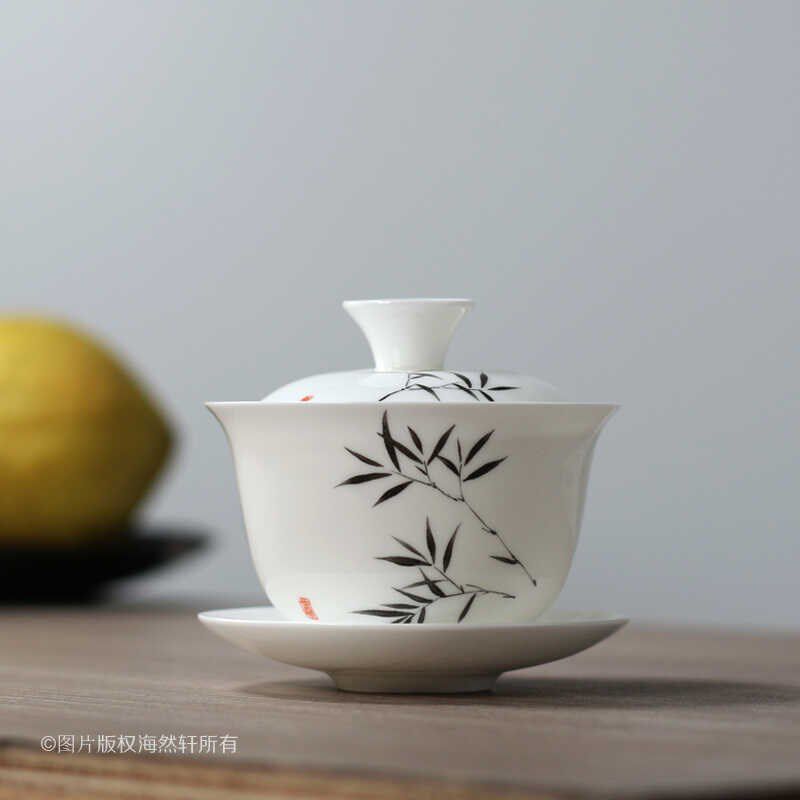 国潮 手工潮州功夫茶具薄胎骨瓷手绘竹子三才杯盖碗泡茶碗 小号