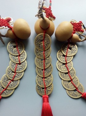 天然桃木葫芦五帝钱六帝六乾钱招财克制五黄铜钱家居饰品挂件摆件