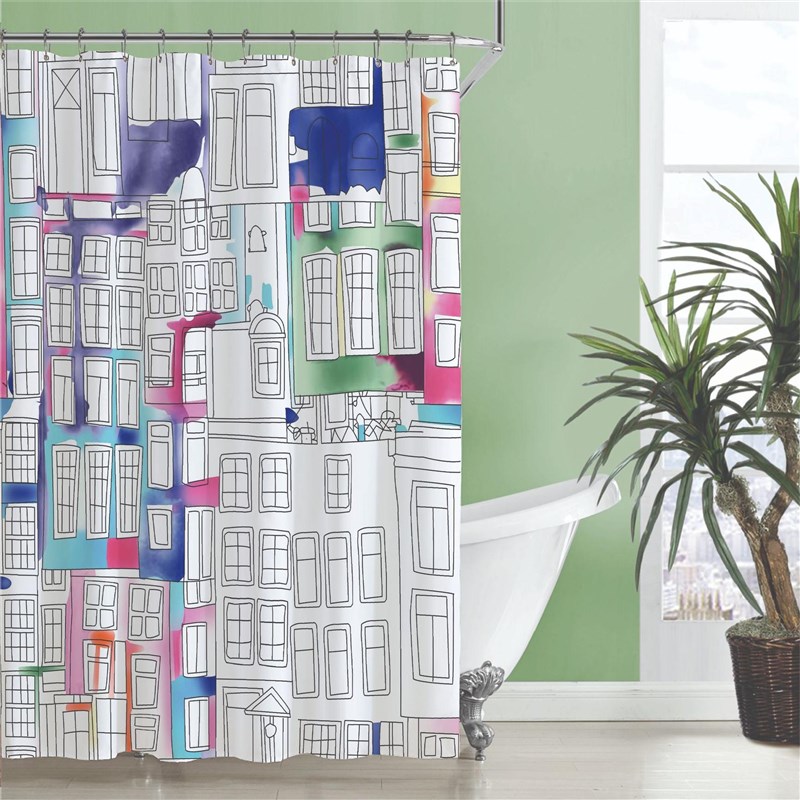 浴帘隔断帘防水高档免打孔白底加厚涤纶卡通涂鸦卫生间淋浴防水布