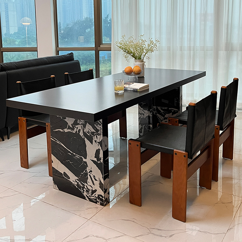 简约现代大户型长方形下挂纯黑岩板餐桌椅组合中古风椅茶桌大板桌