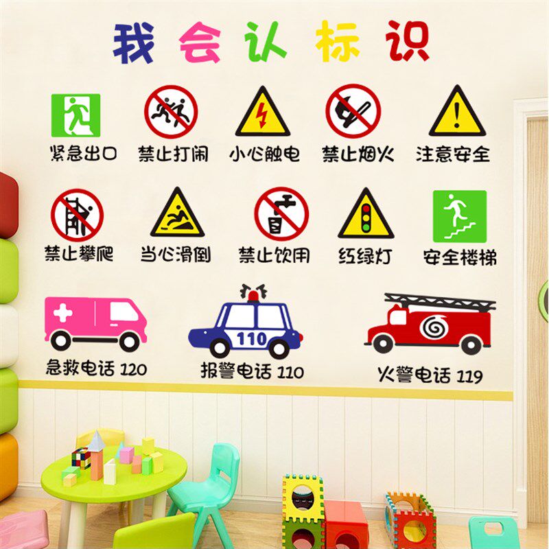 幼儿园早教装饰安全标识志常识主题墙教室环境布置环保墙贴纸贴画