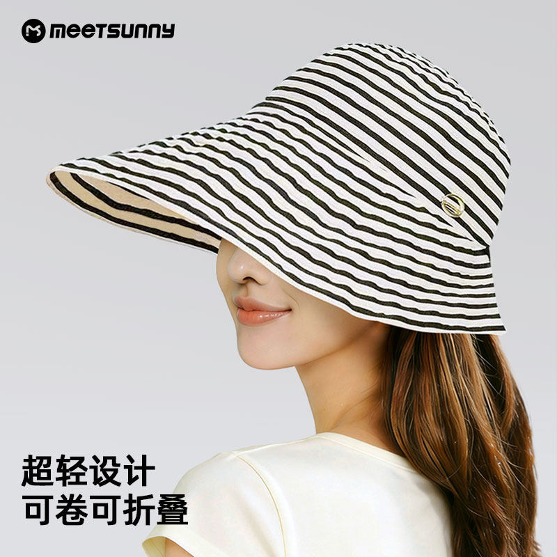 复古条纹渔夫帽女夏大帽檐不对称可折叠防晒帽户外遮阳太阳帽防风