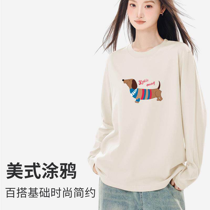 2026秋季新款纯棉圆领长袖T恤女韩版宽松学生设计感小众上衣女ins
