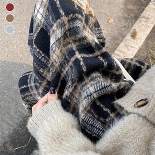 藏青色加绒格子裤子女秋冬2026新款高腰显瘦垂感阔腿裤休闲加厚裤