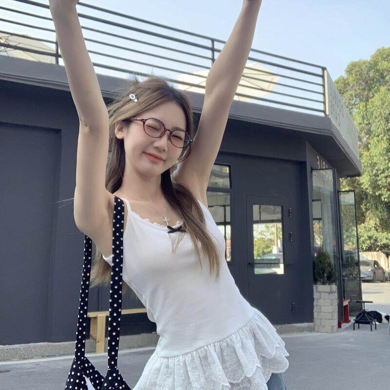 夏季新款甜辣妹蝴蝶结背心小吊带女春蕾丝花边下摆叠穿内搭上衣潮