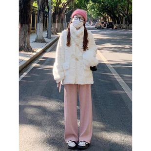 小香风白色羊羔毛外套女秋冬季毛茸茸仿兔毛绒加厚棉服秋季中长款
