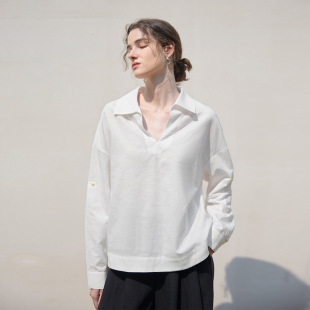 衬衣女亚麻宽松衬衫 老钱风纯白V字翻领长袖 松弛上衣 清仓捡漏