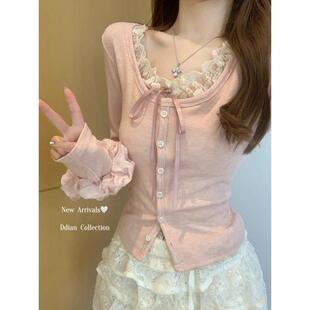 早春假两件粉色蕾丝拼接长袖T恤女2025新款纯欲内搭打底衫bm上衣