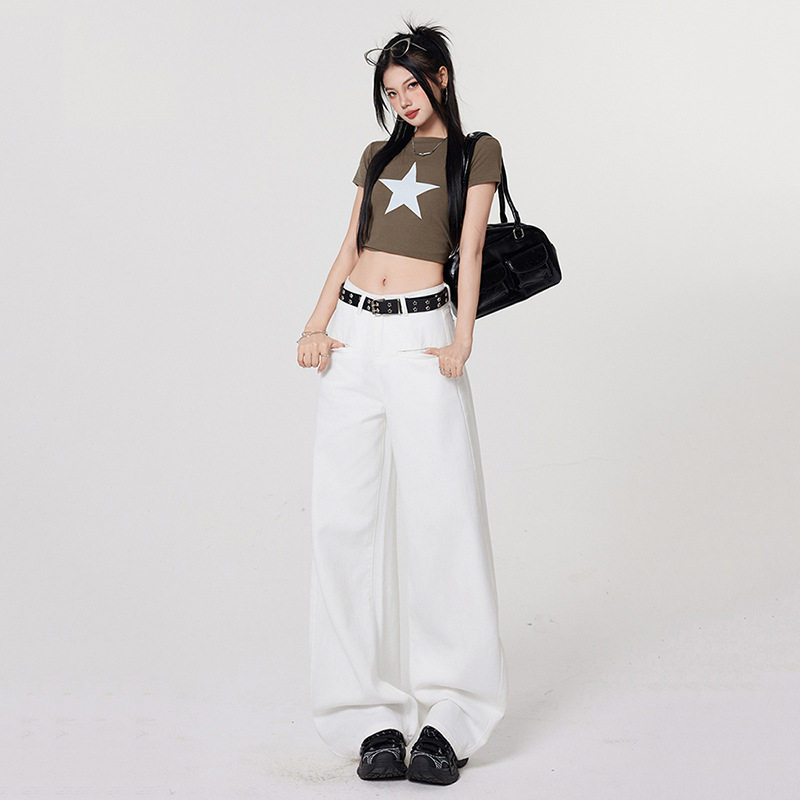白色阔腿高腰牛仔裤女2026春款美式高街显瘦辣妹拖地宽松直筒裤子