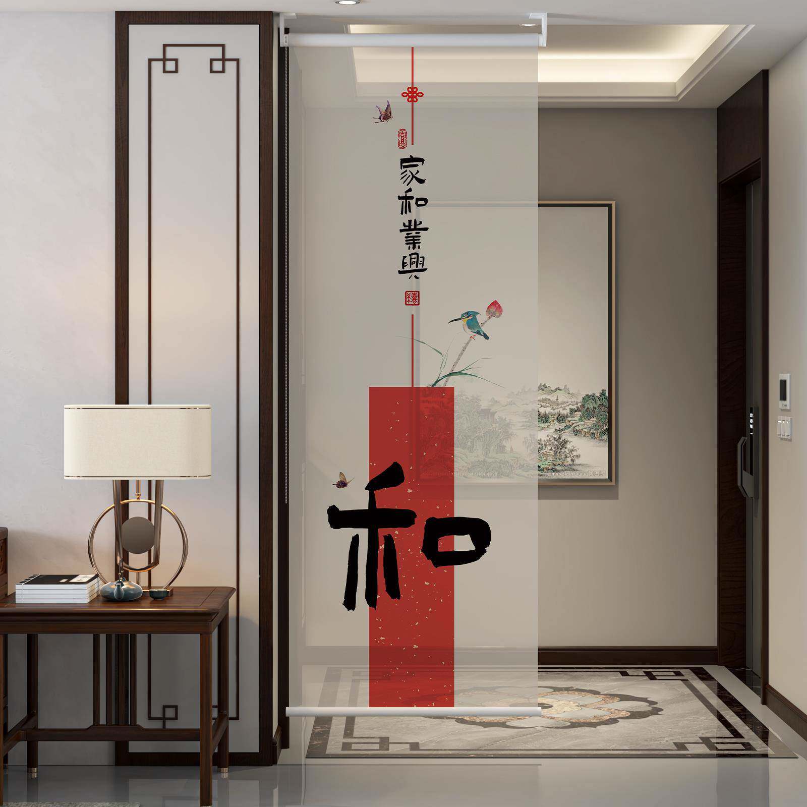 ?挂式屏风屏新中式挂帘软断011帘入隔户玄悬关挂屏吊升降卷帘窗帘