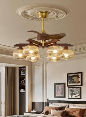 客厅吊室扇灯式复古美大厅主灯新玻中式璃实木卧书81809房餐厅电