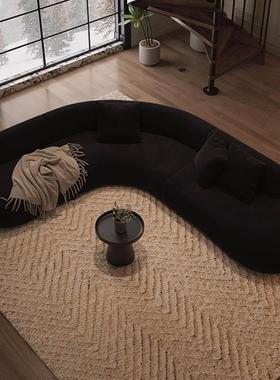 法式复古转角黑色艺沙发FZK轻布大户公型别墅办室弧奢形接待休息