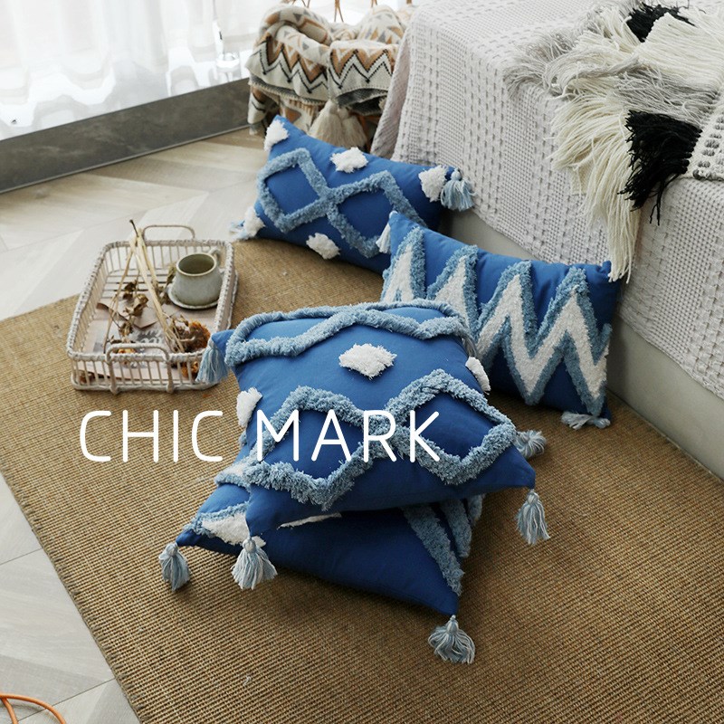 摩洛哥蓝色波浪几何沙发客厅簇绒抱枕靠四角流苏民宿午睡靠枕靠垫