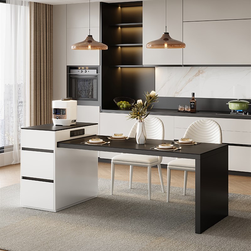 黑色岩板岛台餐桌一体家用小导台加餐桌一体可伸缩倒台小户型餐厅