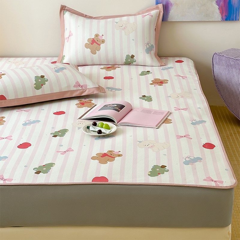 气泡甜夏A类抗菌防螨900D卡通印花冰藤凉席三件套可机洗软席子