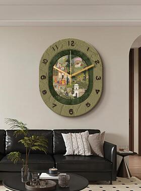 法式复古厅XWW挂钟中古风餐厅饰画表餐装桌边创意钟挂墙绿色时钟