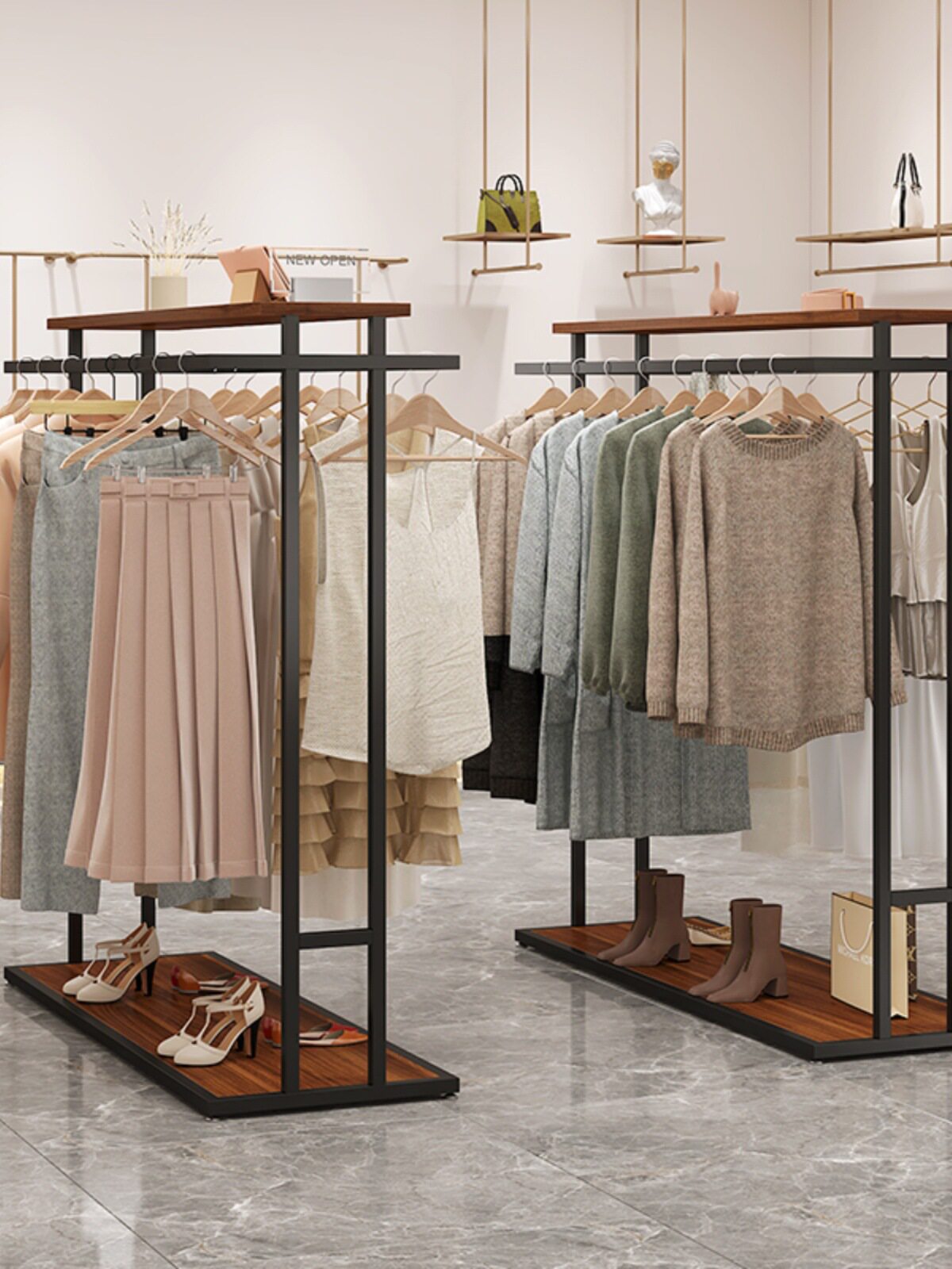 服装店展示架落地式店铺双排衣架中岛展示台裤子收纳中间挂衣架子