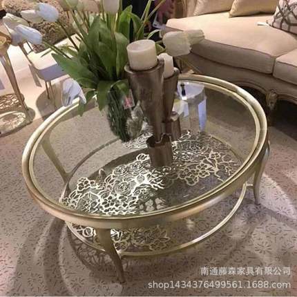 式轻奢茶璃几钢美化玻面茶几简约创意厅实CSS木不锈钢镂空客花圆