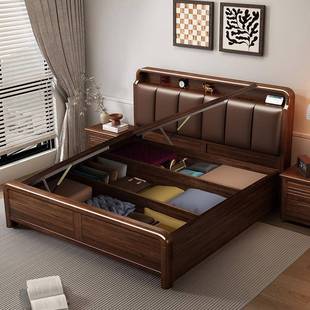 胡桃木实木储物一体床床高端大气带软包家用1DMX柜米5的床加垫单